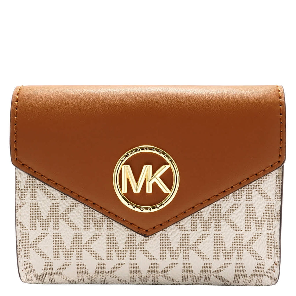 Michael Kors Ladies Sizeignature Logo Carmen Medium Envelope Tri-Fold Wallet - Vanilla/Acorn