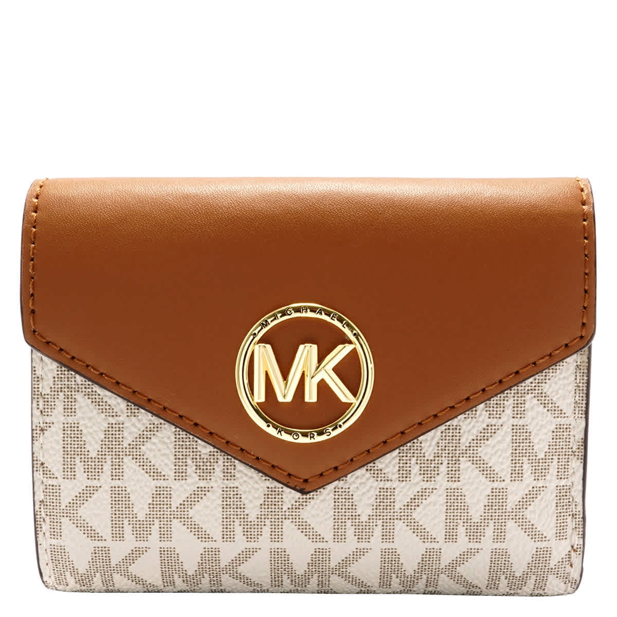 Michael Kors Ladies Sizeignature Logo Carmen Medium Envelope Tri-Fold Wallet - Vanilla/Acorn