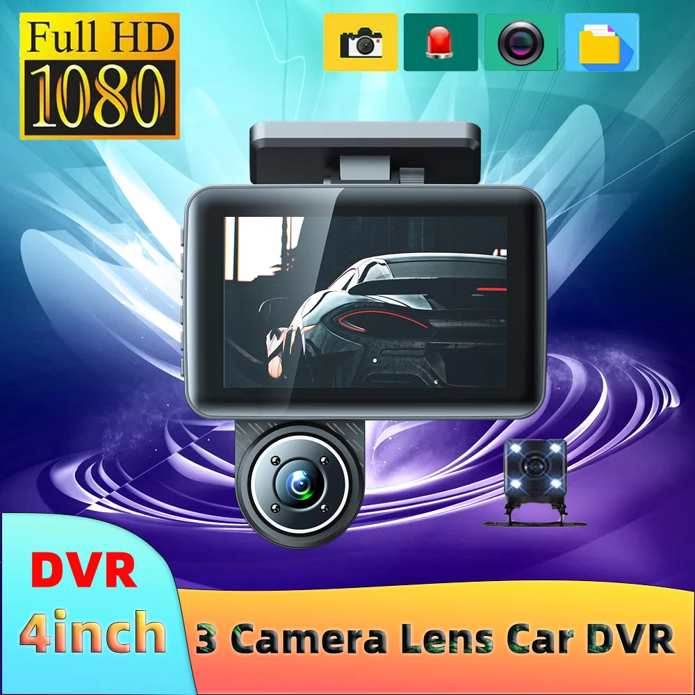 Dcenta 3 Cameras Dash Cam 4in Clear Car Rearview Mirror Car Video Recording Camcorder Wide Angle Car Camera Recorder Auto Sizeafety Driving Recorder