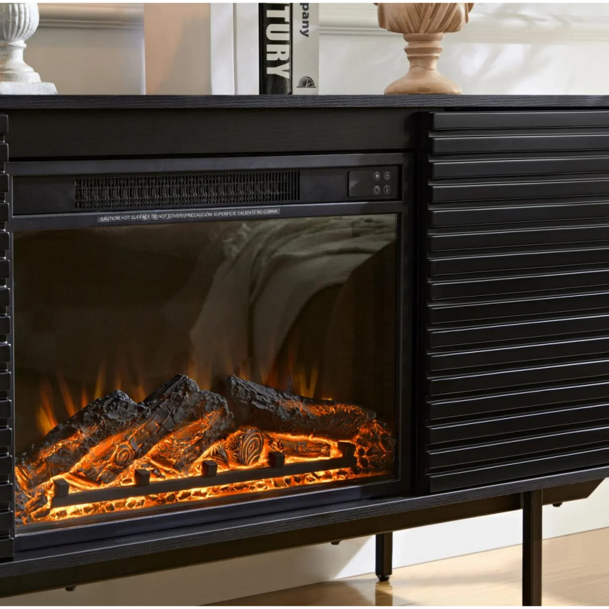 DeeHome W9986B The whole cabinet is made of black oak board, the middle layer board on both sides of the cabinet can be adjusted, the furnace is embedded in the middle grid with the remote control