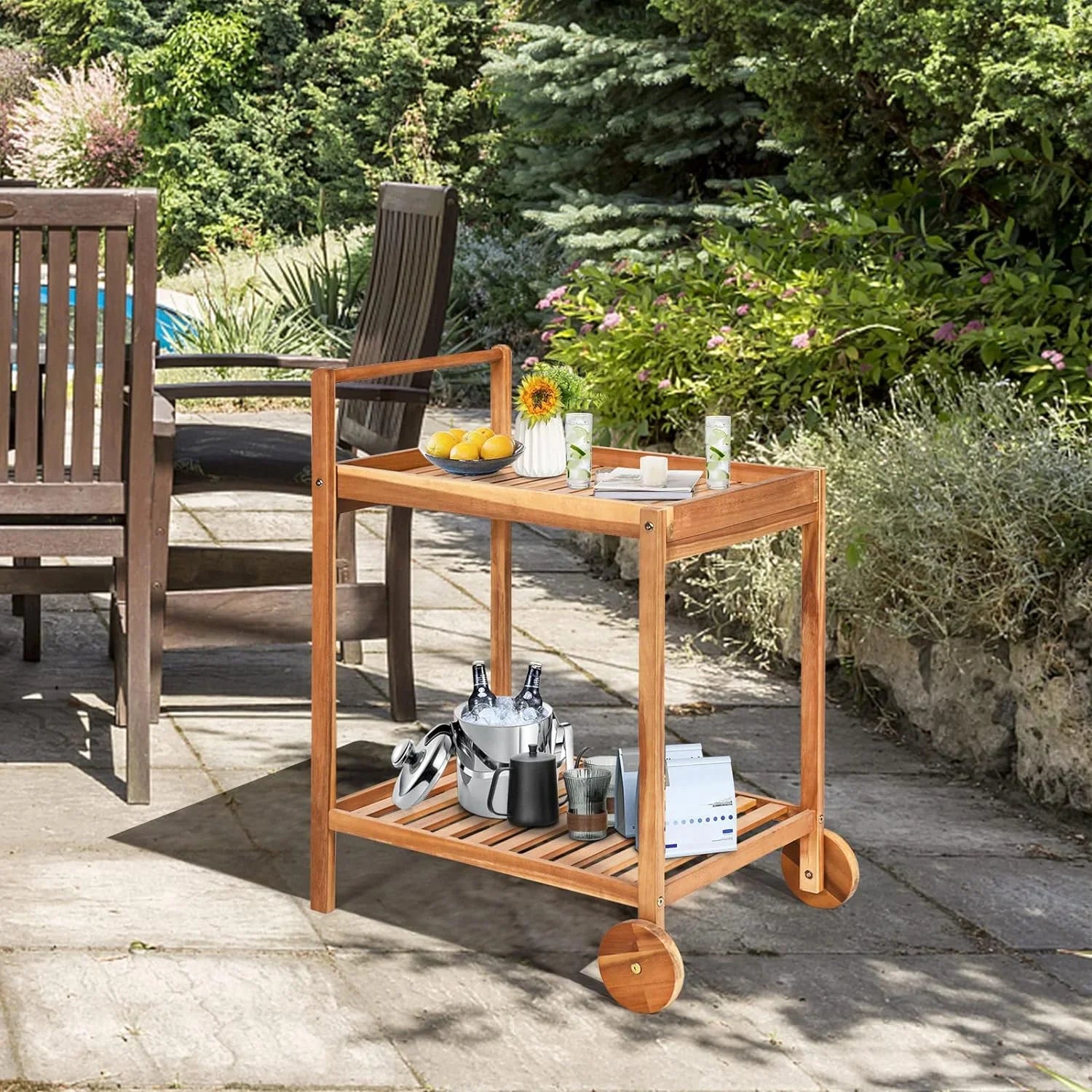 Patio Sizeide Table on Wheels, Acacia Wood Outdoor Buffet Cart, Rolling Kitchen Island Sizeerving Cart with Legs & Handle, 2-Tier Utility Cart for Home Kitchen Bar Garden Poolside