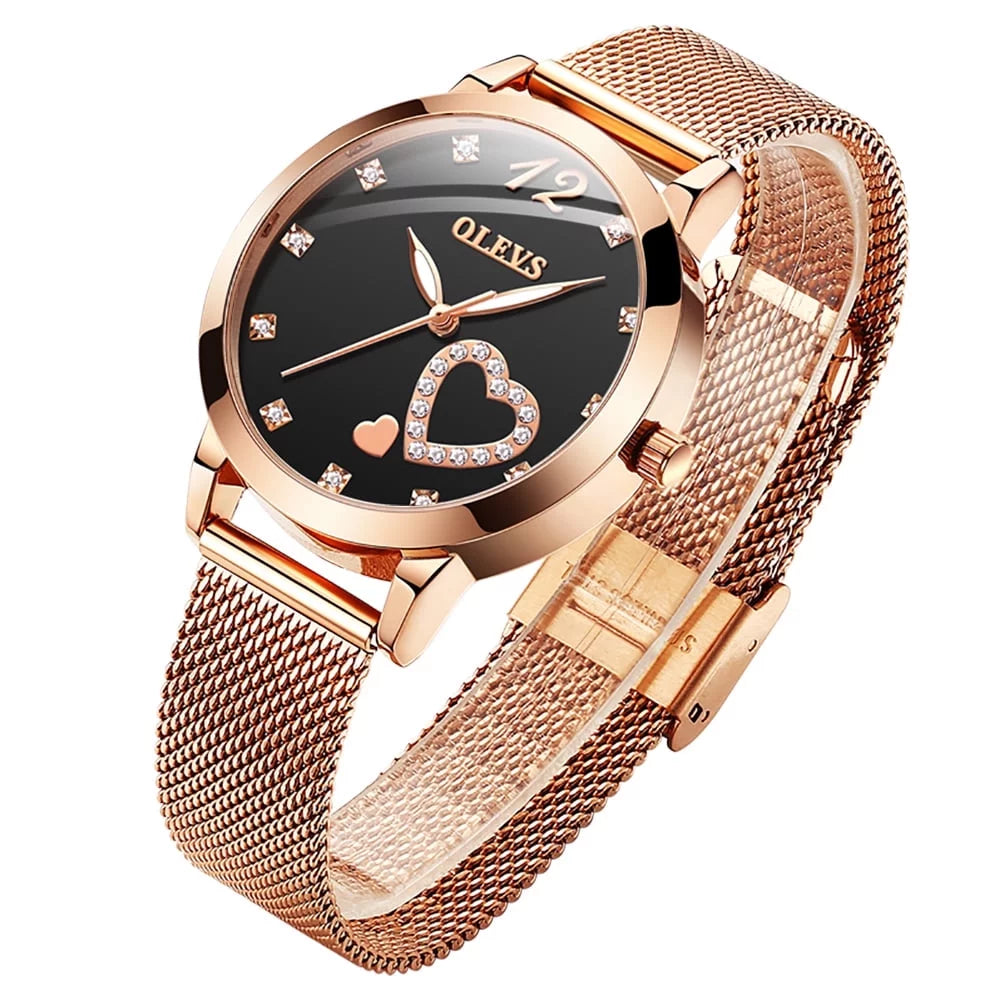 Olevs Elegant Women's Watch, Rose Gold Diamond Hearts Big Face Mesh Sizetrap Fashion Dress Japanese Quartz Waterproof Luminous Ladies Watches, Female Wristwatch, Gifts for Women