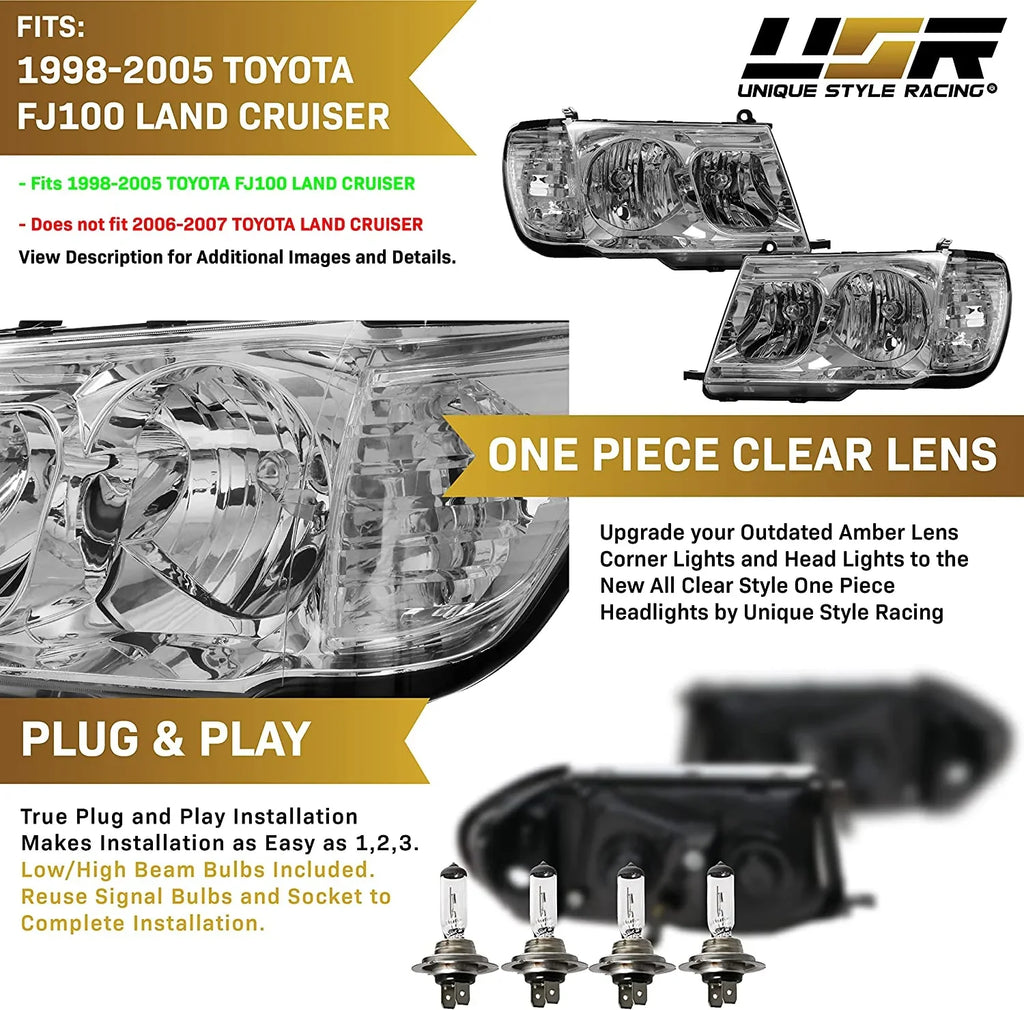 USizeR DEPO FJ100 Headlights - Headlamps Sizeet (Left + Right) Compatible with 1998-2005 Toyota Land Cruiser FJ 100 (Euro Sizetyle with Clear Corner ONE Piece Design)