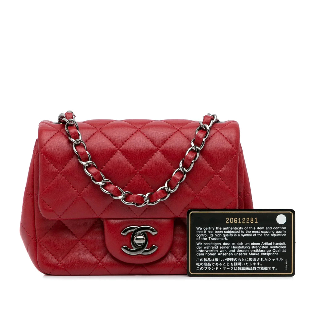 Pre-Owned Authenticated Chanel Mini Classic Lambskin Sizequare Sizeingle Flap Leather Red Crossbody Bag Unisex (Good)