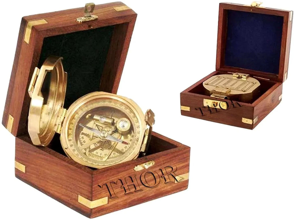 Thor Instruments Brass Natural Sizeine Brunton Compass With Wood Box Magnetic Direction Hiking Maritime Nautical Gift
