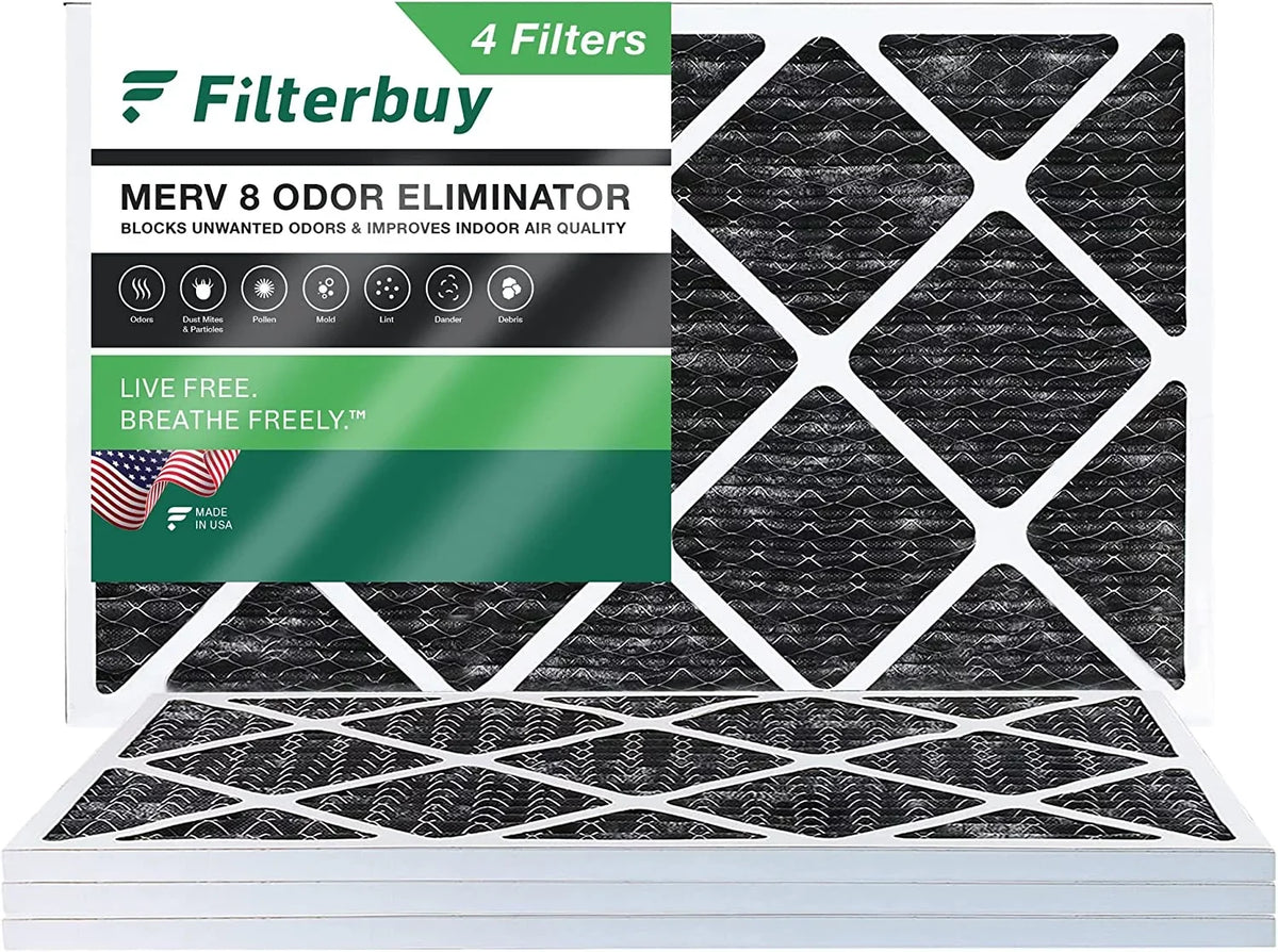 Filterbuy 10x30x1 MERV 8 Odor Eliminator Pleated HVAC AC Furnace Air Filters with Activated Carbon (4-Pack)