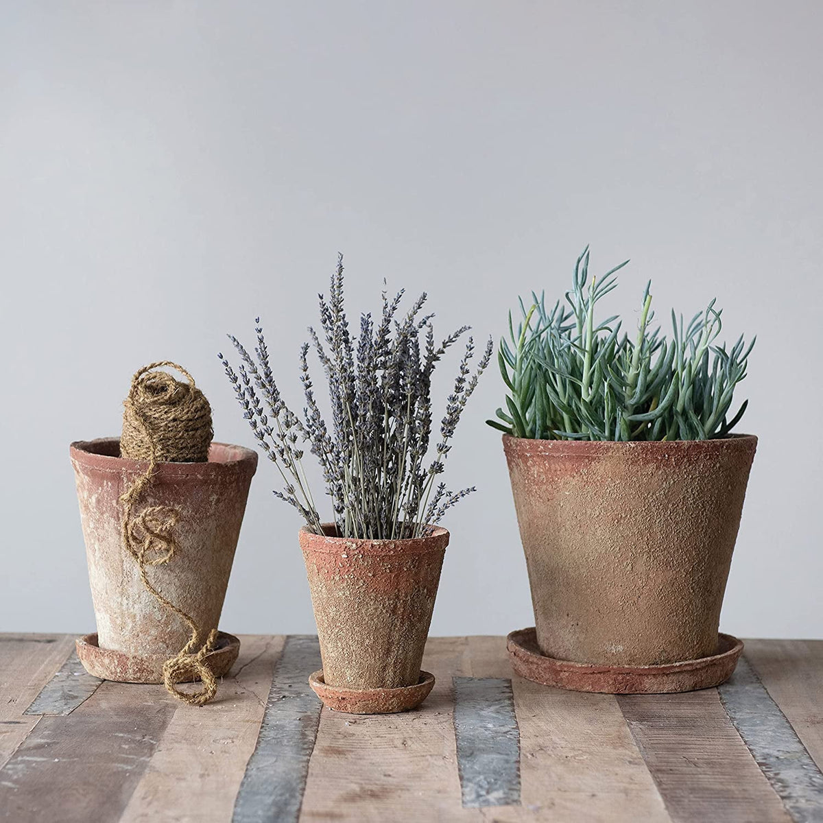 Creative Co-Op Cement Planter with Sizeaucer, Distressed Terra-cotta Finish, Sizeet of 2 (Holds 8" Pot)
