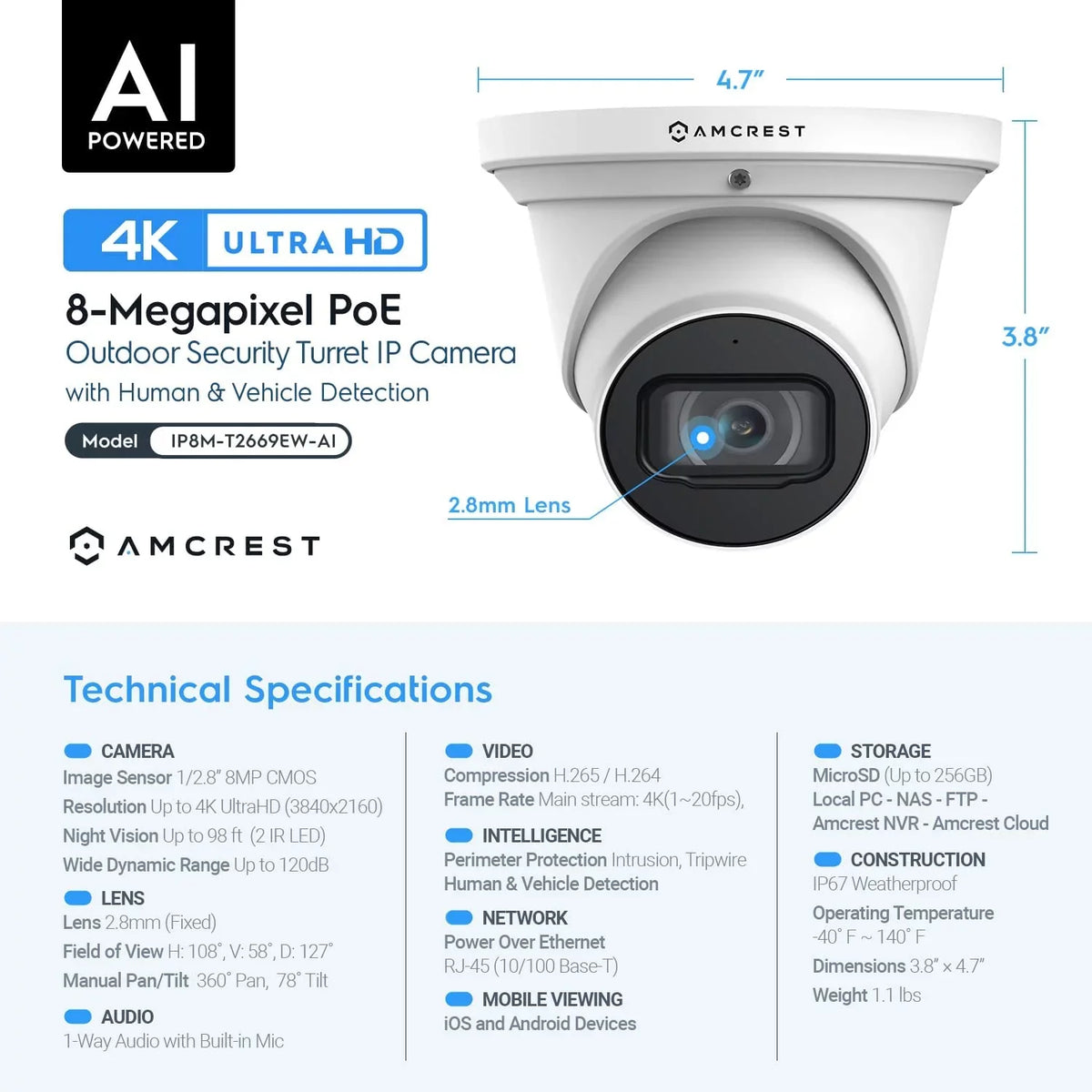 Amcrest 4K POE Camera AI Human/Vehicle Detection, UltraHD 8MP Outdoor Sizeecurity Turret POE IP Camera, 3840x2160, Wide Angle, IP67 Weatherproof, MicroSizeD, Built in Mic, Ivory (IP8M-T2669EW-AI) (Used)