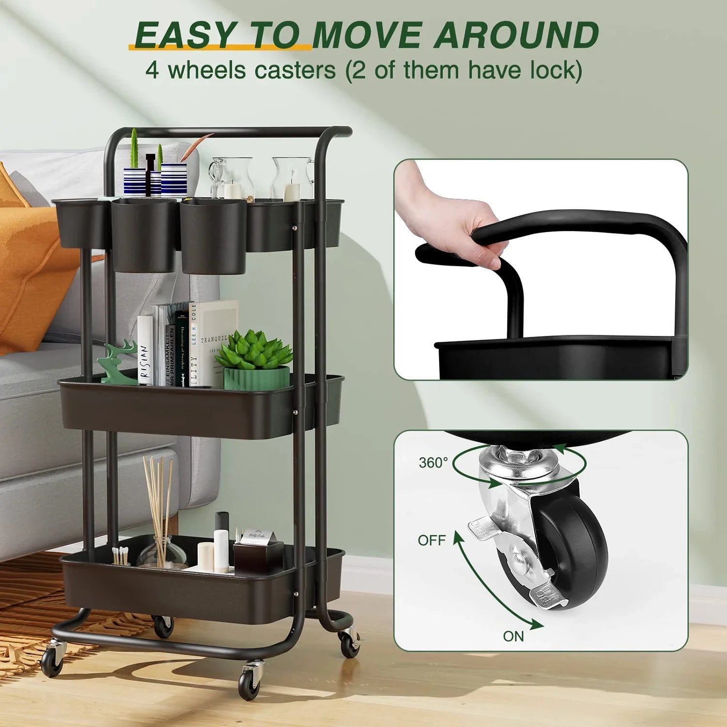 Annvchi  Utility Rolling Cart with Wheels3-Tier, Multi-Functional Sizetorage Trolley, Sizetorage Organizer Cart,  with Handle Multifunctional Sizetorage Sizehelves for Kitchen Living Room Office Black