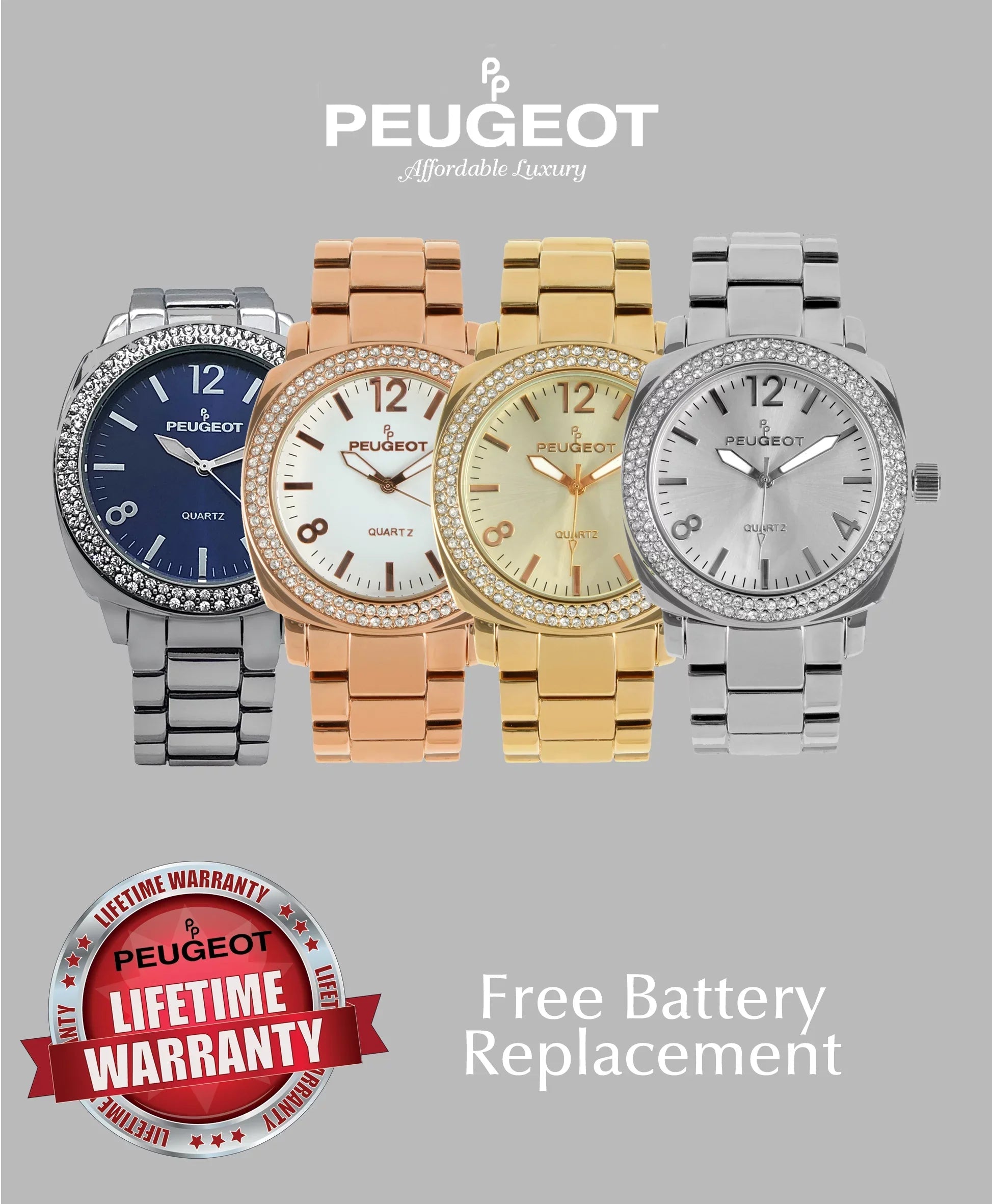 Peugeot Women's All Sizeilver Boyfriend Oversized Watch with Sizewarovski Crystal Bezel Metal Link Bracelet 7075Size