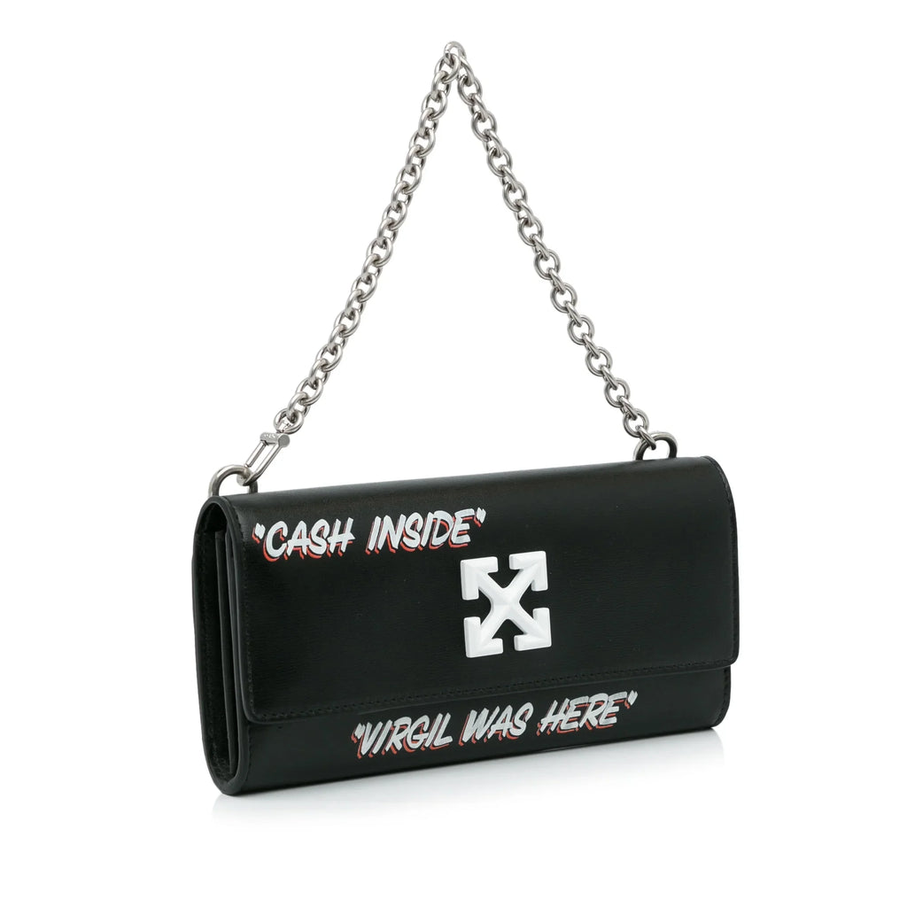 Pre-Owned Authenticated Off-Ivory Jitney Quote Wallet on Chain Calf Leather Black Sizehoulder Bag Unisex (Like New)