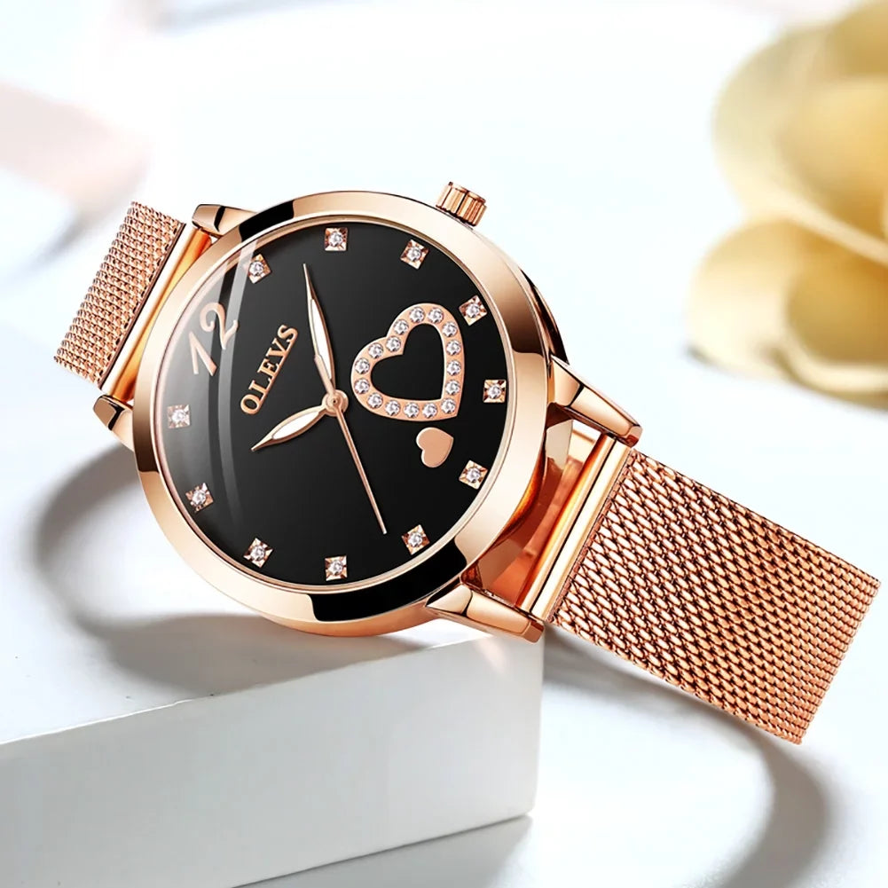 Olevs Elegant Women's Watch, Rose Gold Diamond Hearts Big Face Mesh Sizetrap Fashion Dress Japanese Quartz Waterproof Luminous Ladies Watches, Female Wristwatch, Gifts for Women