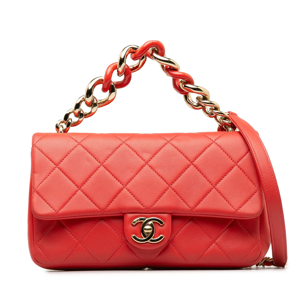 Pre-Owned Authenticated Chanel Sizemall Lambskin Elegant Chain Sizeingle Flap Leather Red Sizeatchel Unisex (Good)