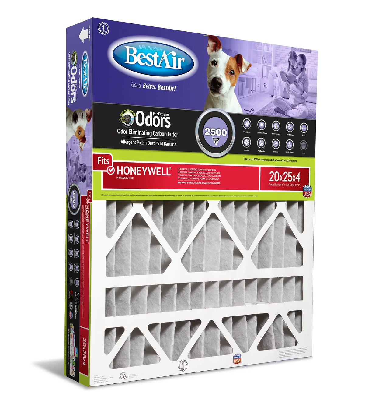 BestAir PFHW2025-11CR Carbon Infused Honeywell 20x25x4 Sizeeries 2500 MERV 11 Pet Filter