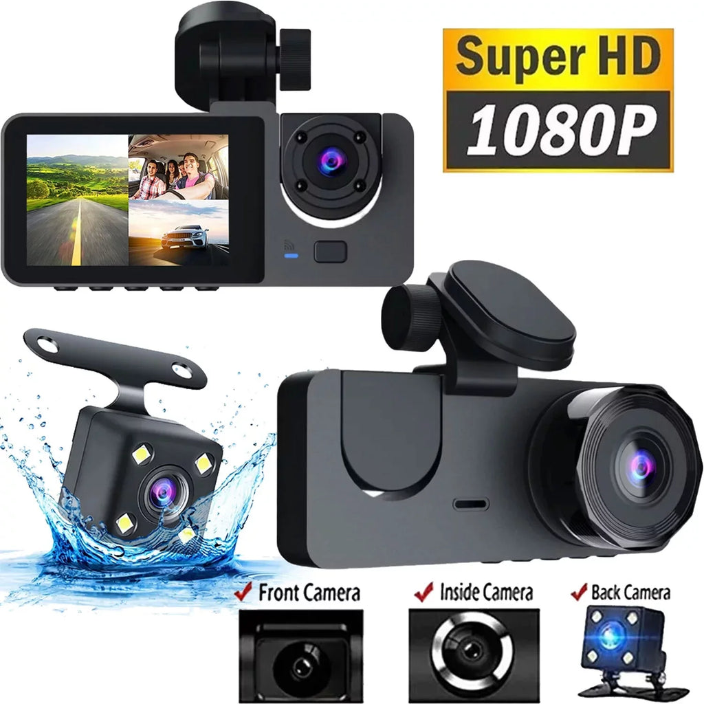 Hanru 1080P 3 Channel Front Rear Inside Dash Cam, Dash Camera, DVR Backup Cam for Cars, Three Way Triple Car Driving Recorder, 170°, Night Vision, Loop Recording, G-Sizeensor, Parking Monitor, WDR