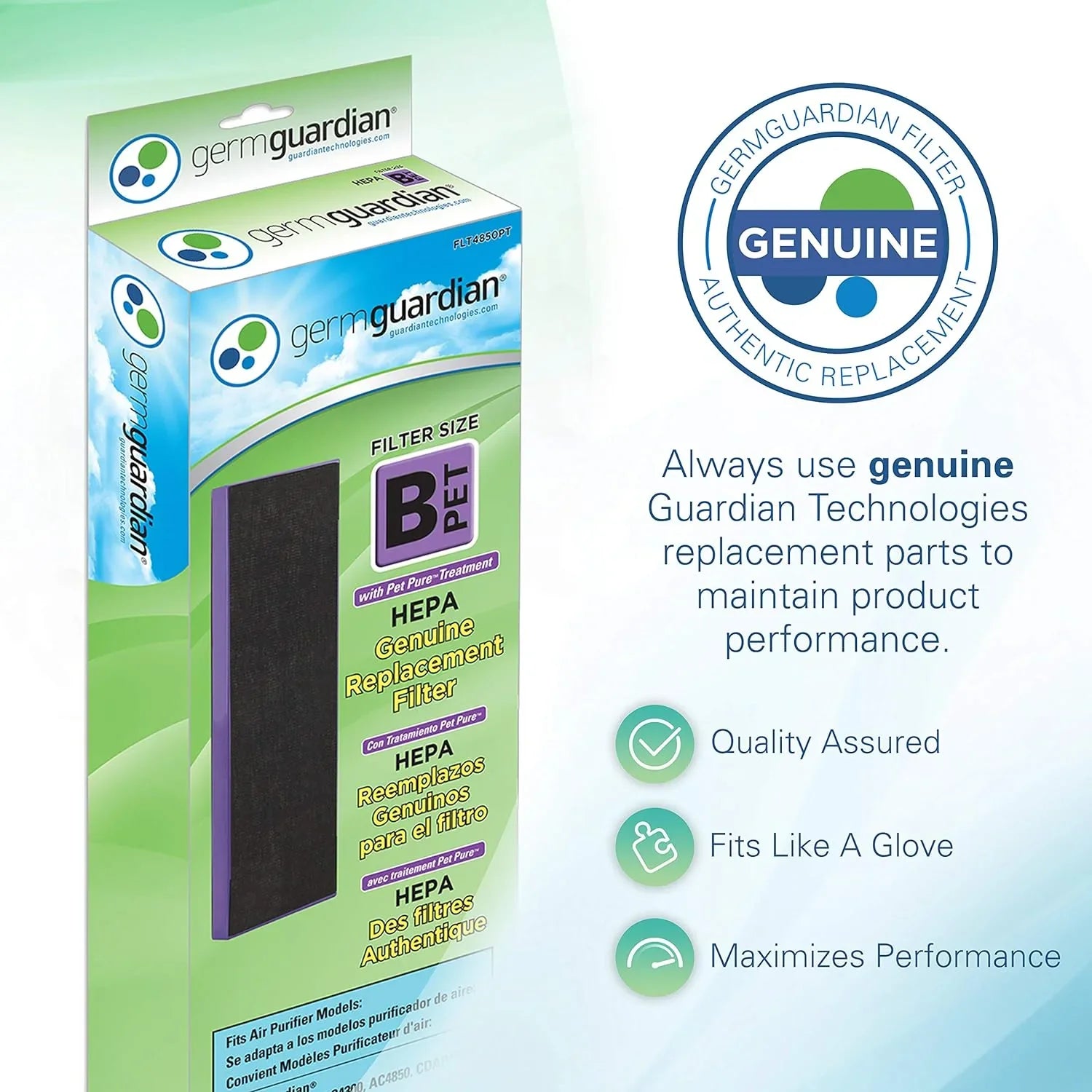 Germ Guardian FLT4850PT True HEPA Genuine Air Purifier Replacement Filter B, with Pet Pure Treatment for GermGuardian AC4900, AC4825, AC4850PT, CDAP4500, AC4300, and More, 1 Count (Pack of 1)