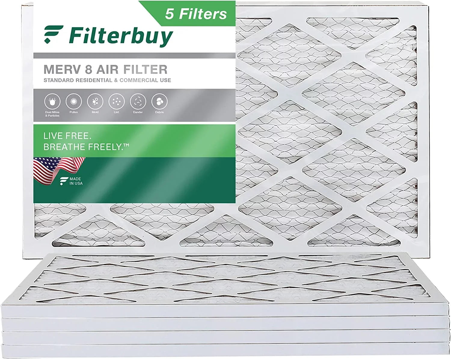 Filterbuy 12x20x1 MERV 8 Pleated HVAC AC Furnace Air Filters (5-Pack)