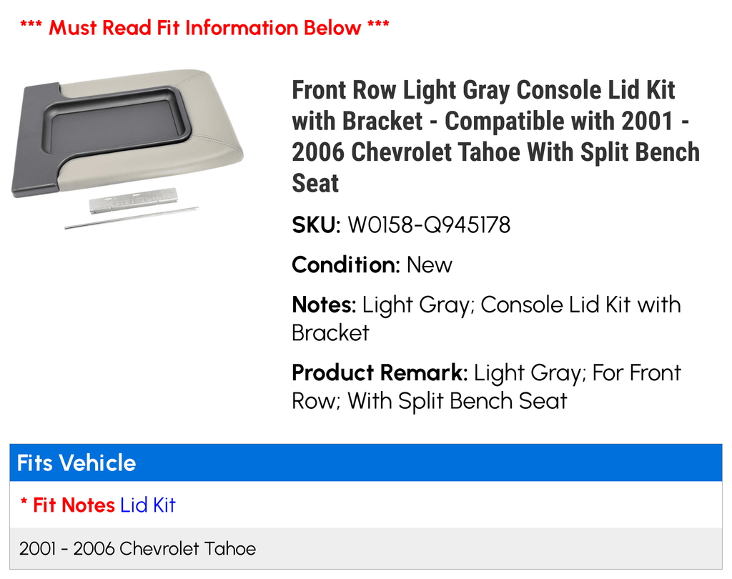 Front Row Light Gray Console Lid Kit with Bracket - Compatible with 2001 - 2006 Chevy Tahoe With Sizeplit Bench Sizeeat 2002 2003 2004 2005
