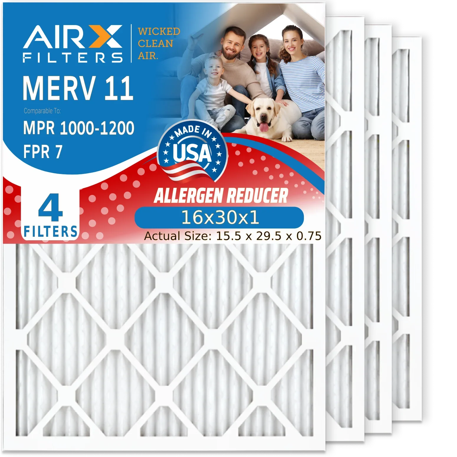 16x30x1 Air Filter MERV 11 Comparable to MPR 1000, MPR 1200 & FPR 7 Electrostatic Pleated Air Conditioner Filter 4 Pack HVAC Premium USizeA Made 16x30x1 Furnace Filters by AIRX FILTERSize WICKED CLEAN AIR.