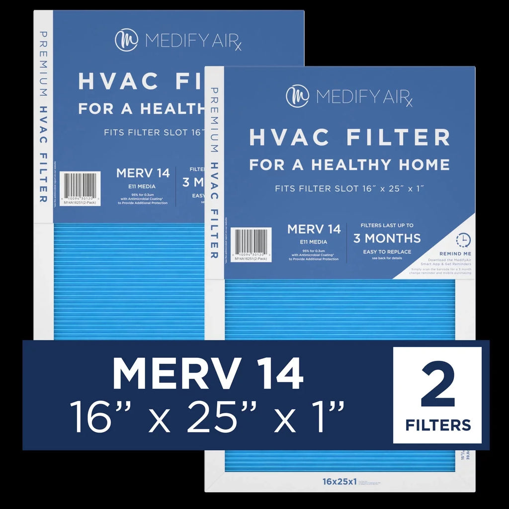 Medify Air 16x25x1 Pleated Filter 95% Particles HEPA Air Cleaning (MERV 14, 2-Pack)