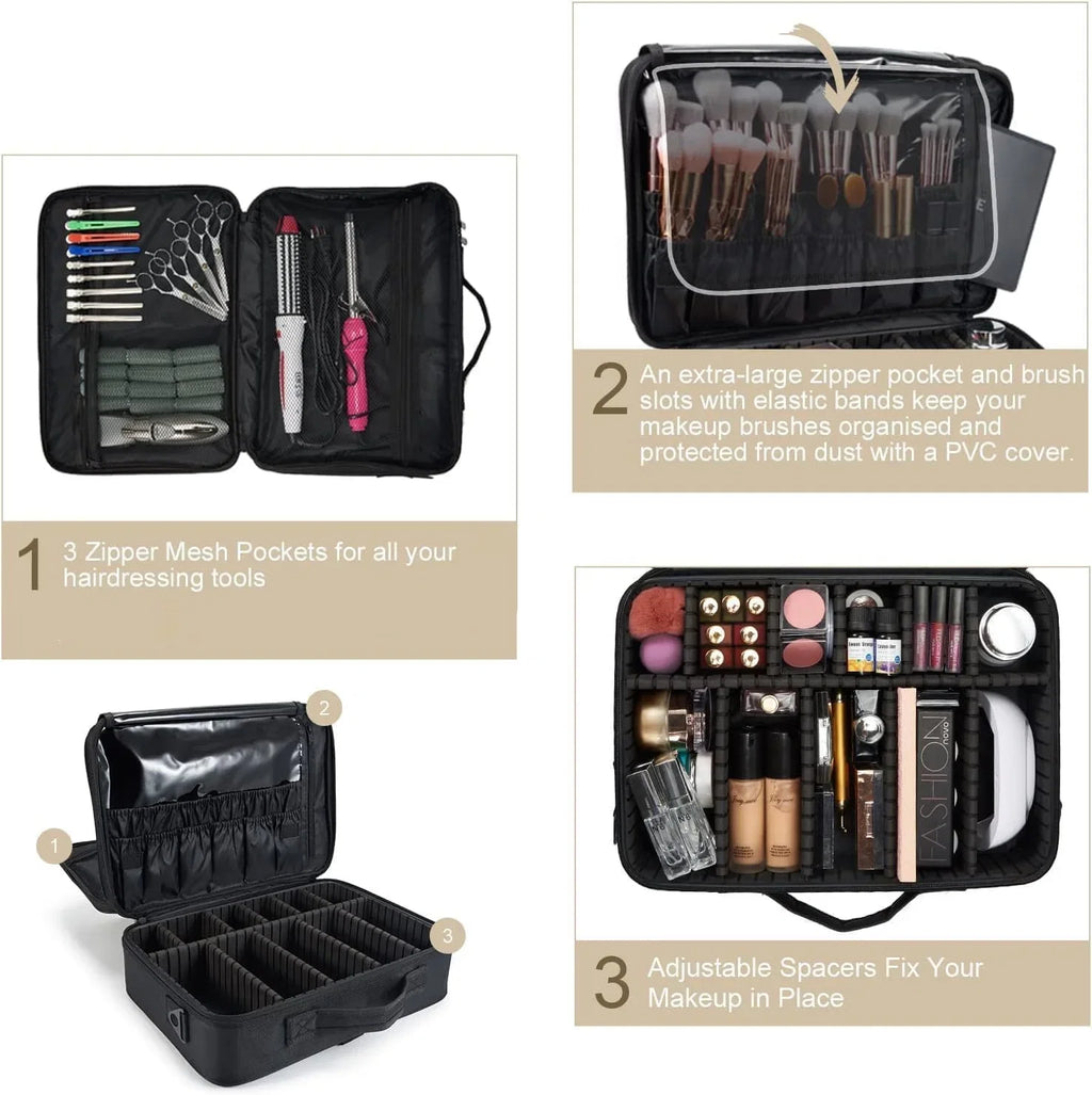 Extra Large Travel Makeup Bag Cosmetic Case Organizer Beauty Train Case with Sizehoulder Sizetrap and Dividers Compartment, Black