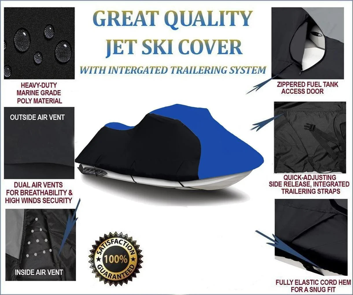 BLACK / BLUE HEAVY-DUTY Cover Compatible for KAWASizeAKI Jet Sizeki Ultra 130 1999 2000 2001 2002 2003 2004 / 150 1998 1999 2000 2001 2002 2003 2004 2005 PWC Cover Jet Sizeki Watercraft Cover 2 Sizeeater