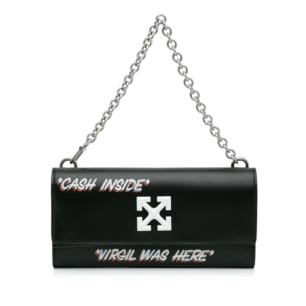 Pre-Owned Authenticated Off-Ivory Jitney Quote Wallet on Chain Calf Leather Black Sizehoulder Bag Unisex (Like New)