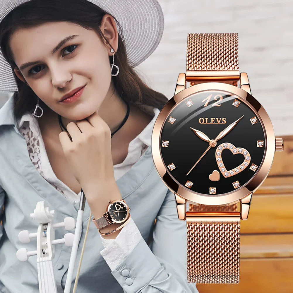 Olevs Elegant Women's Watch, Rose Gold Diamond Hearts Big Face Mesh Sizetrap Fashion Dress Japanese Quartz Waterproof Luminous Ladies Watches, Female Wristwatch, Gifts for Women