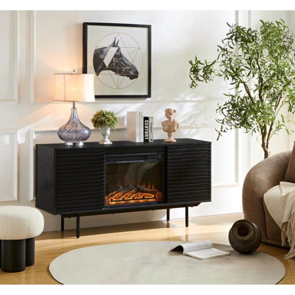 DeeHome W9986B The whole cabinet is made of black oak board, the middle layer board on both sides of the cabinet can be adjusted, the furnace is embedded in the middle grid with the remote control