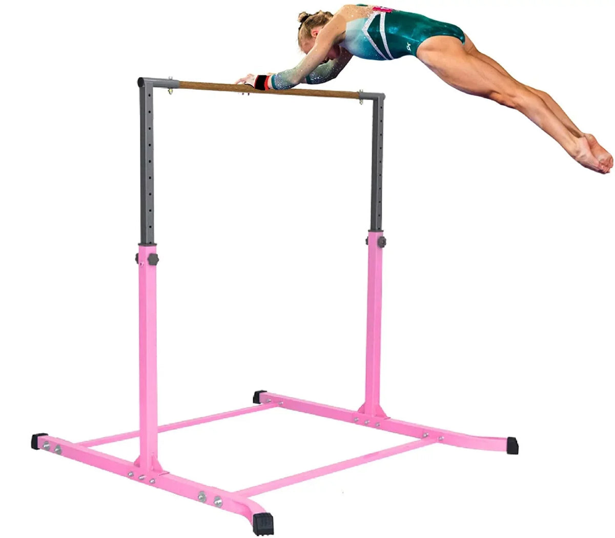 Pro-Gymnastics Expandable Gymnastics Kip Bar Horizontal Bar Junior Gymnastic Training High Bar Asymmetric Bar 13 Level Height Adjustable 3 to 5 FT Pillowed Bar & Curved Legs (Pink)