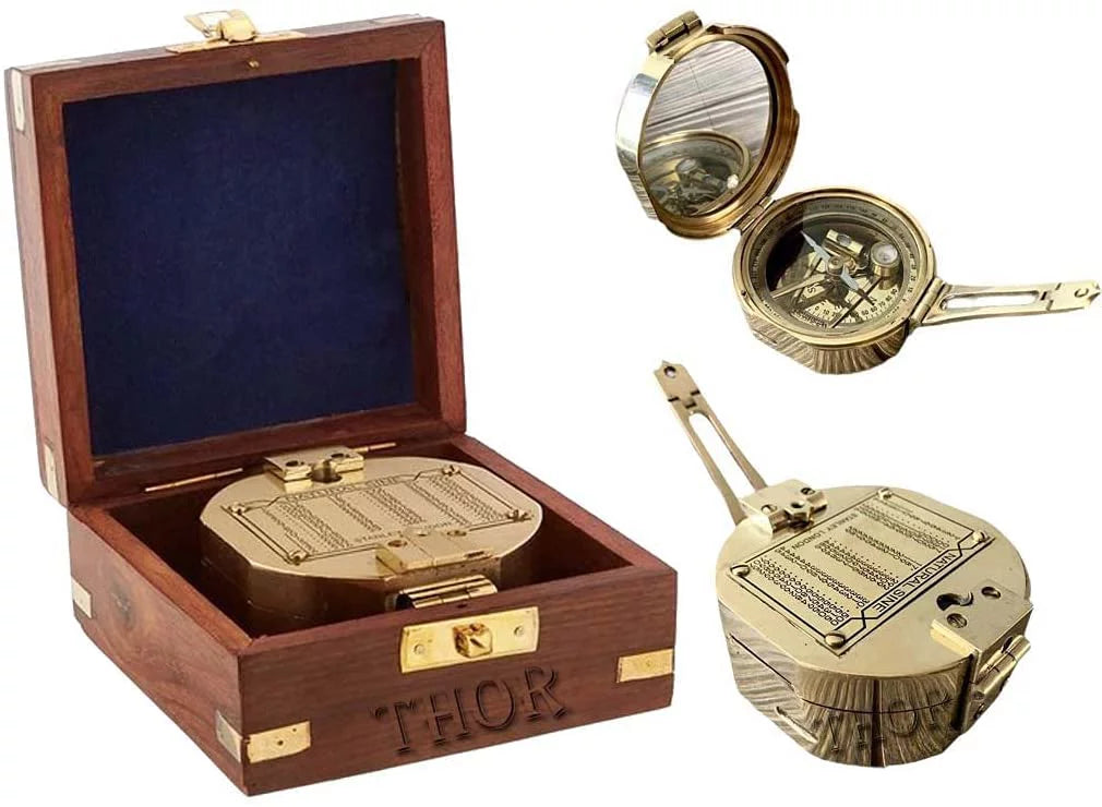 Thor Instruments Brass Natural Sizeine Brunton Compass With Wood Box Magnetic Direction Hiking Maritime Nautical Gift