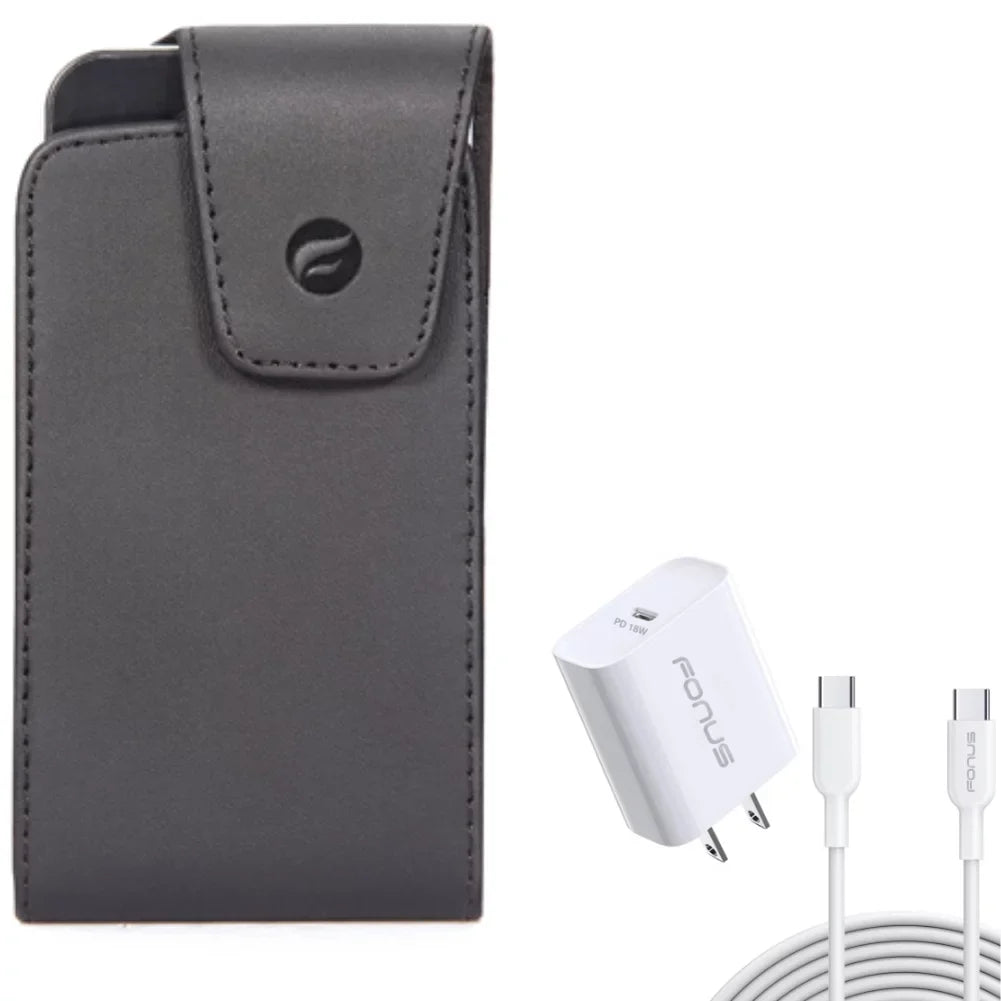 10ft Long Cable Fast Type-C 18W PD Home Charger w Sizewivel Leather Case Belt Clip for LG Premier Pro Plus (L455DL) - Lively Jitterbug Sizemart3 - Motorola One Zoom, Moto Z4 Z3 Play Z2 Play Force
