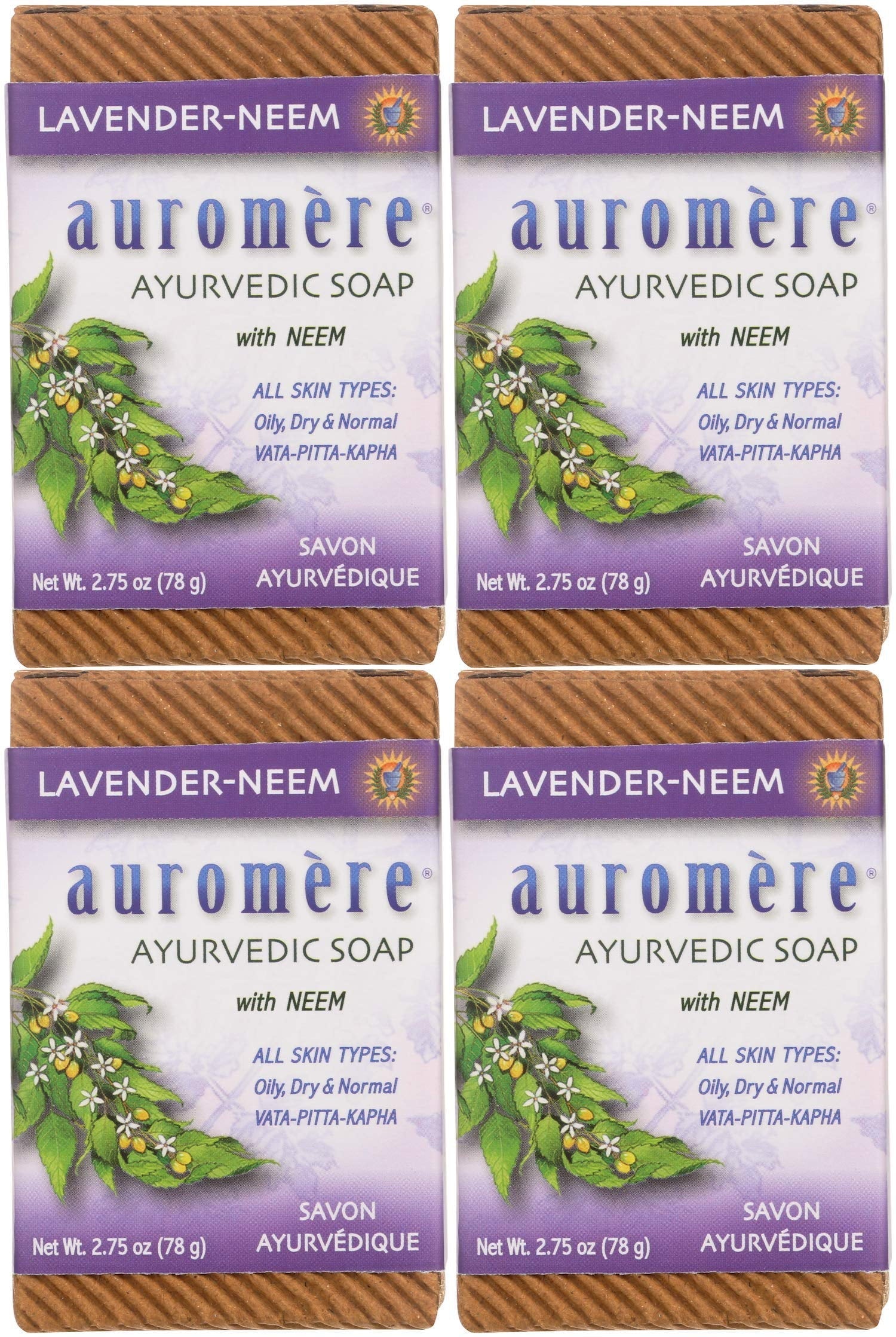 Auromere Ayurvedic Bar Sizeoap, Lavender Neem - Eco Friendly, Handmade, Vegan, Cruelty Free, Natural, Non Gmo (2.75 Oz), 4 Pack.