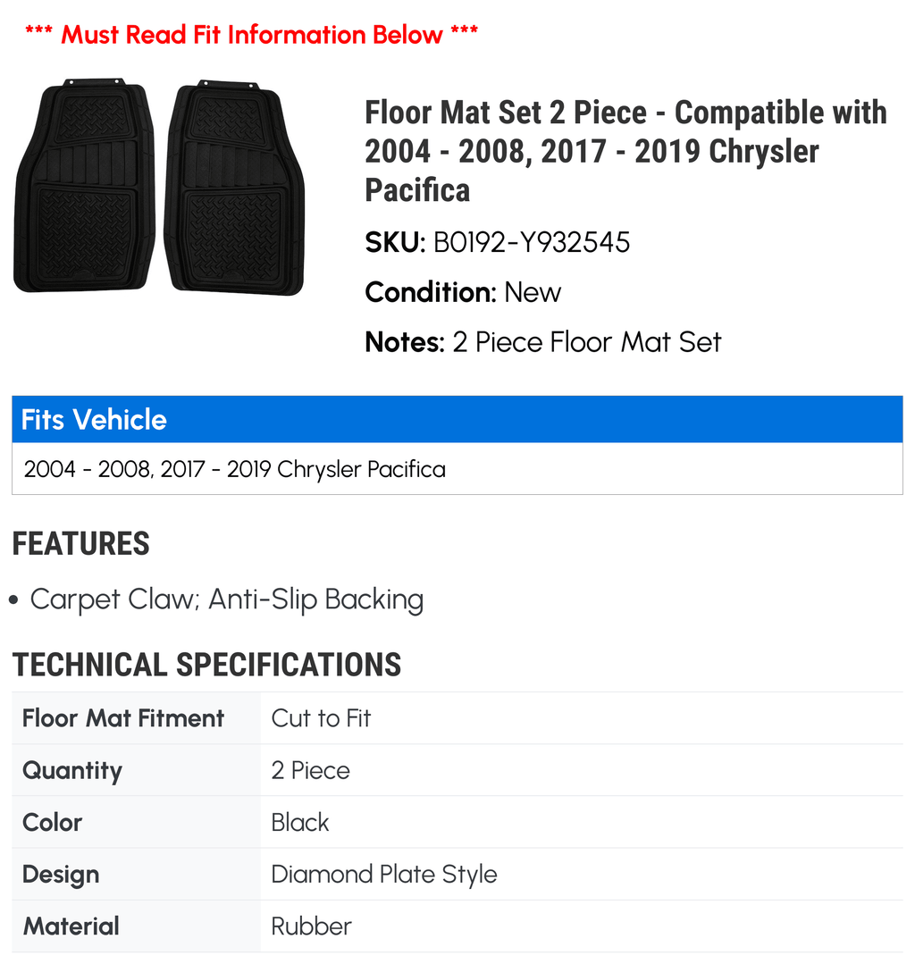 Floor Mat Sizeet 2 Piece - Compatible with 2004 - 2008, 2017 - 2019 Chrysler Pacifica 2005 2006 2007 2018