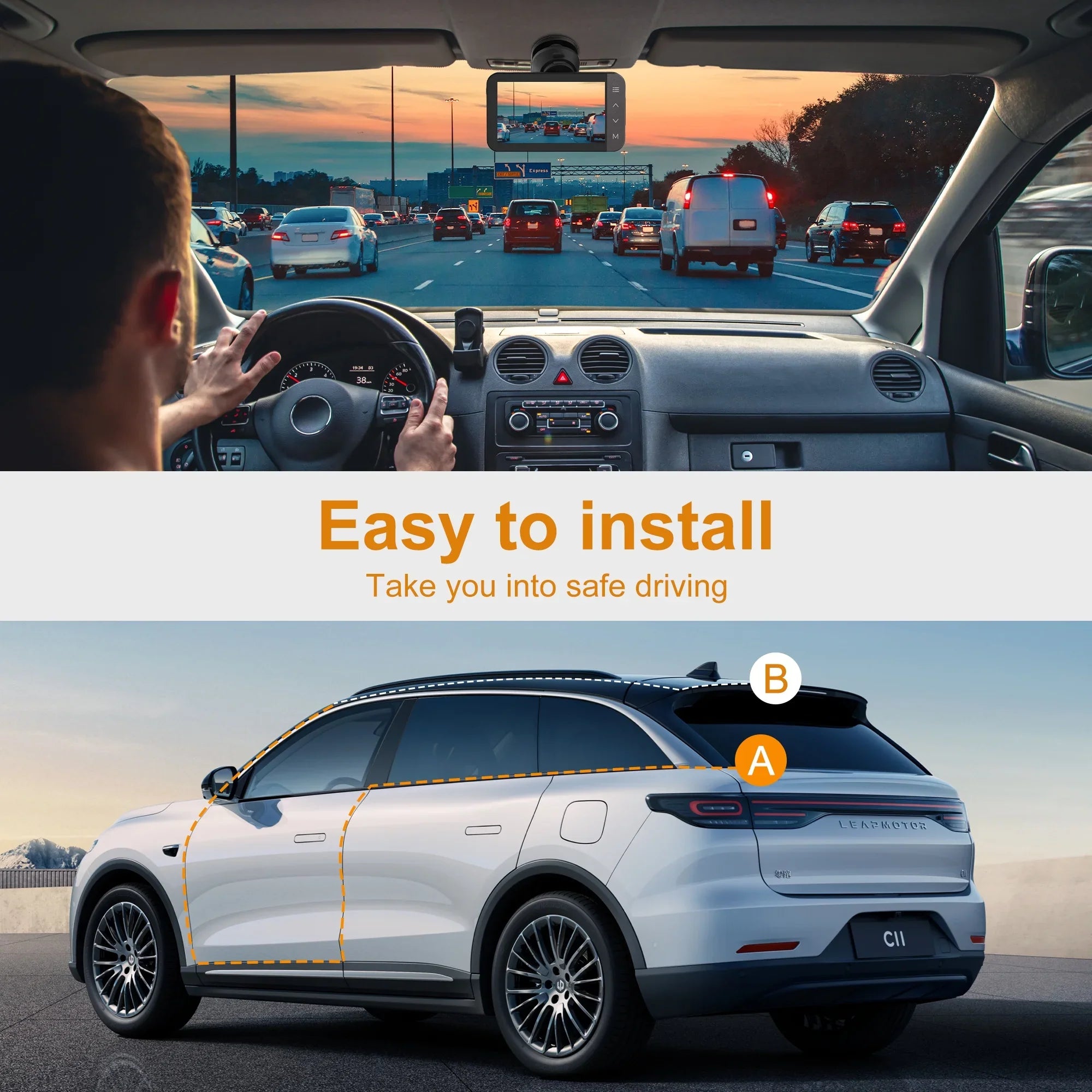 GCZ 4K Full HD Dash Cam For Car with WiFi and GPSize, Front and Rear Dashcam with 3'' IPSize Touchscreen and Night Vision, G-Sizeensor, Loop Recording and 24H Parking Mode