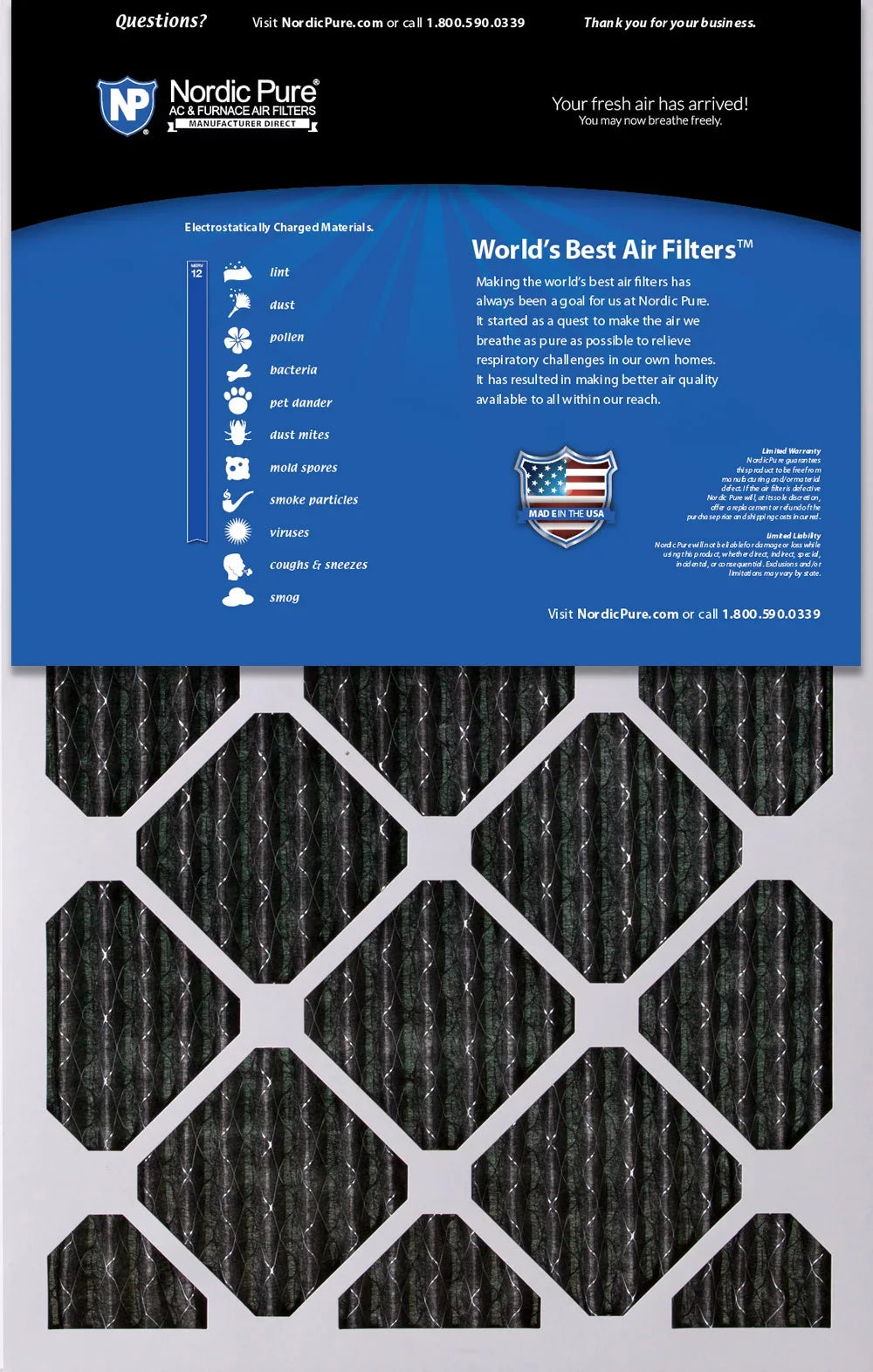 Nordic Pure 10x24x1 Furnace Air Filters MERV 12 Pleated Plus Carbon 3 Pack