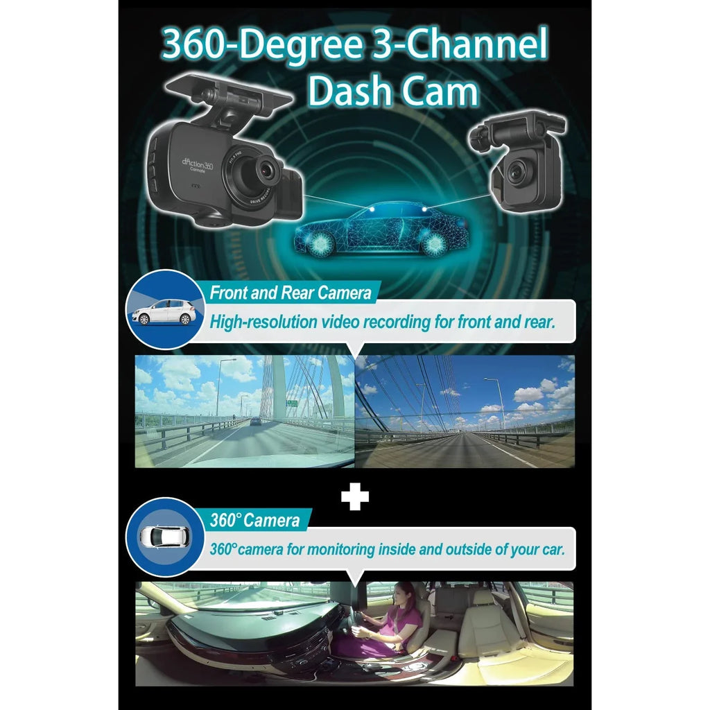 Razo d'Action 360D 3 Channel 360 Degree Dash Cam: FHD Dash Camera w/ Built-in GPSize