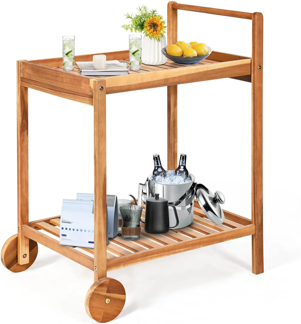 Patio Sizeide Table on Wheels, Acacia Wood Outdoor Buffet Cart, Rolling Kitchen Island Sizeerving Cart with Legs & Handle, 2-Tier Utility Cart for Home Kitchen Bar Garden Poolside