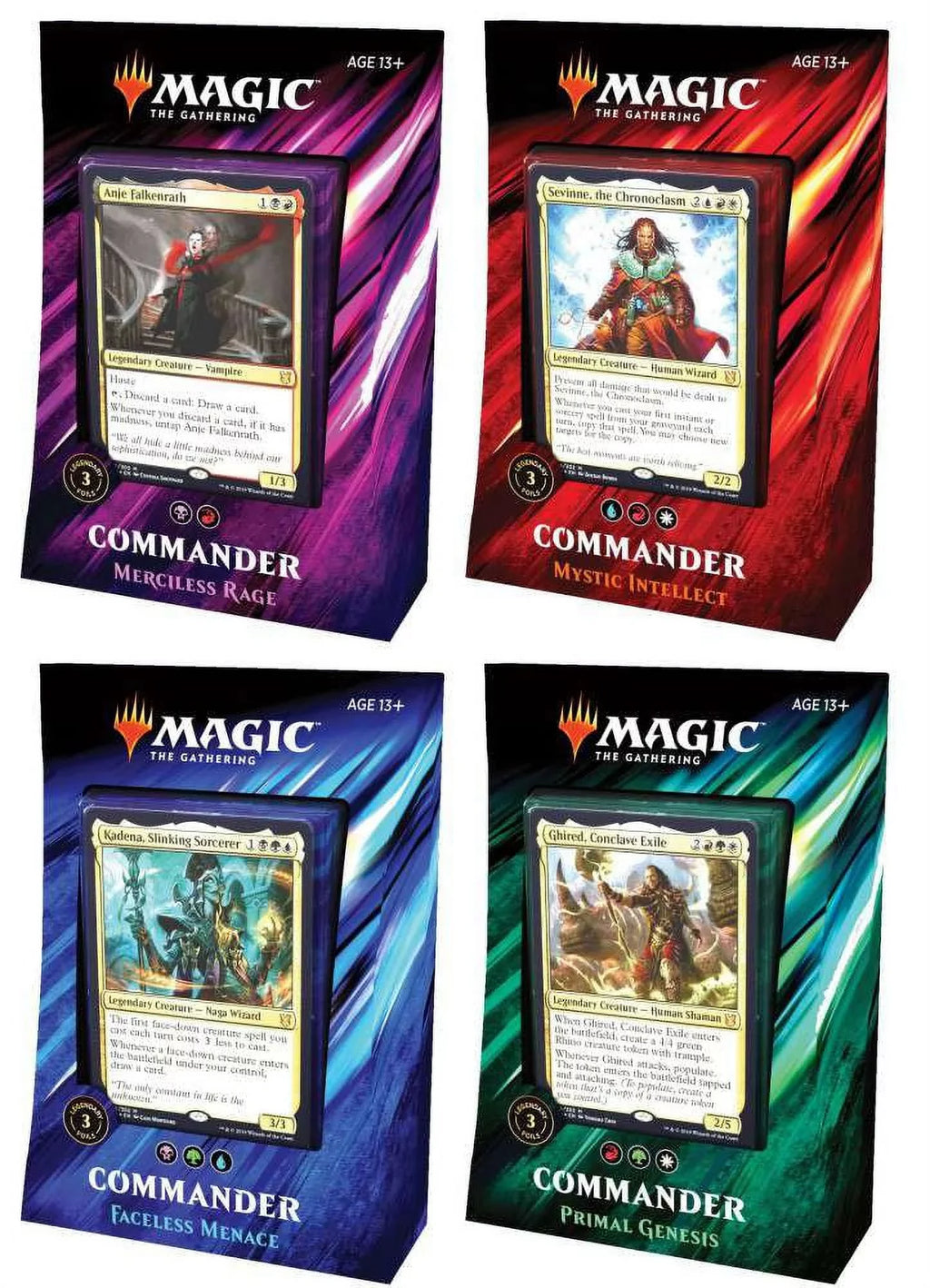 Magic The Gathering Commander 2019 Sizeet of 4 Decks (Primal Genesis, Faceless Menace,Mystic Intellect, & Merciless Rage)