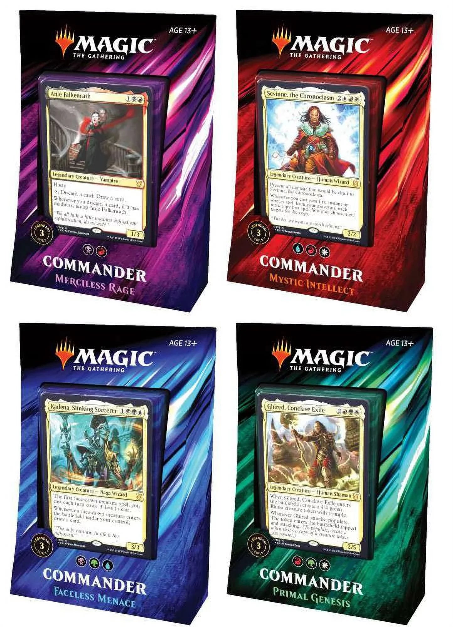 Magic The Gathering Commander 2019 Sizeet of 4 Decks (Primal Genesis, Faceless Menace,Mystic Intellect, & Merciless Rage)