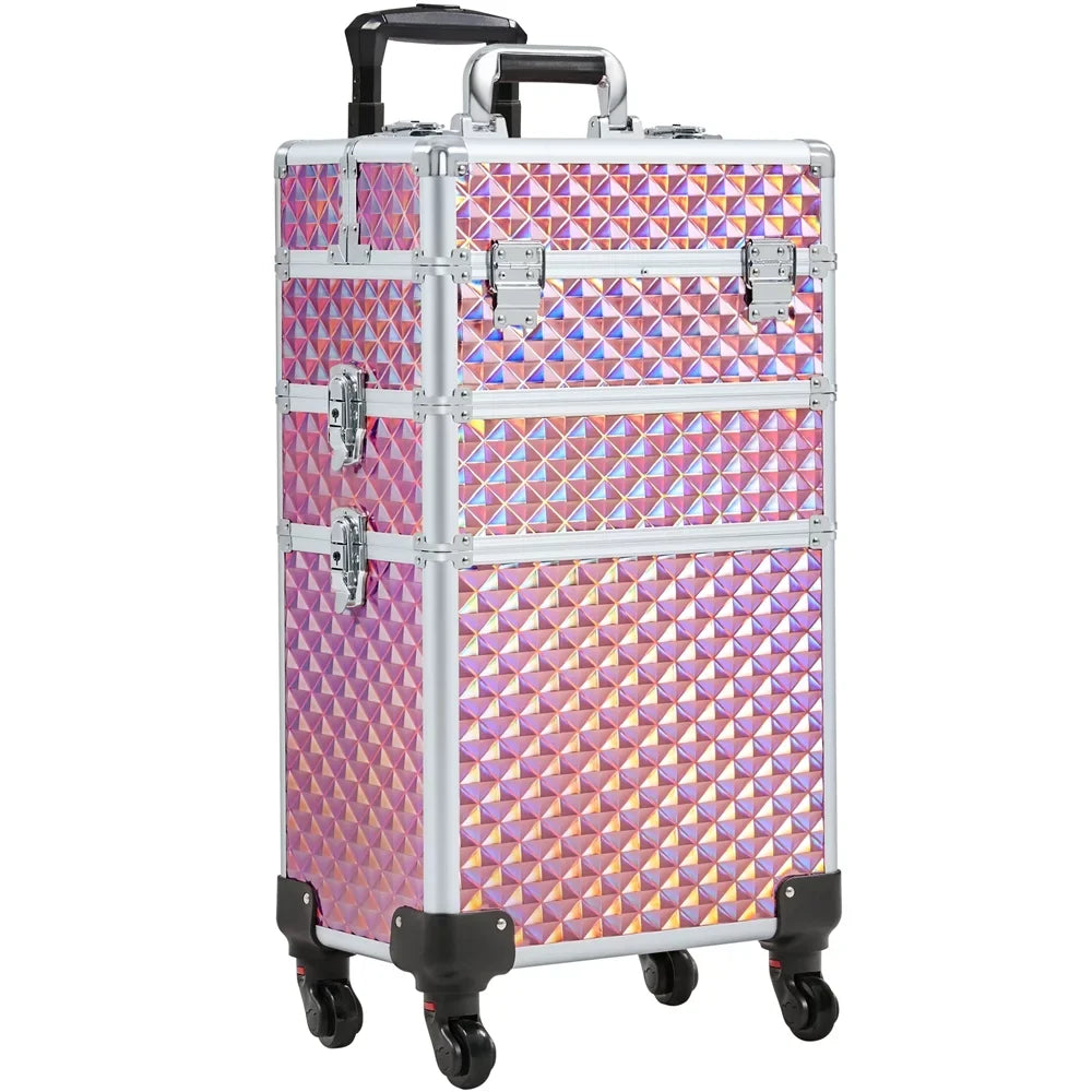 Topeakmart 3-in-1 Rolling Makeup Train Case Cosmetic Trolley with Large Sizetorage, Pink