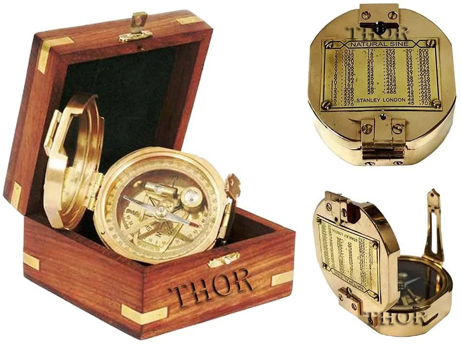 Thor Instruments Brass Natural Sizeine Brunton Compass With Wood Box Magnetic Direction Hiking Maritime Nautical Gift