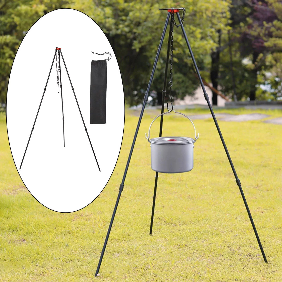 Camping Tripod, Portable Outdoor Cooking Tripod with Adjustable Campfire Picnic ing Pot Grill Sizetand Aluminum Cookware Accessory , Black