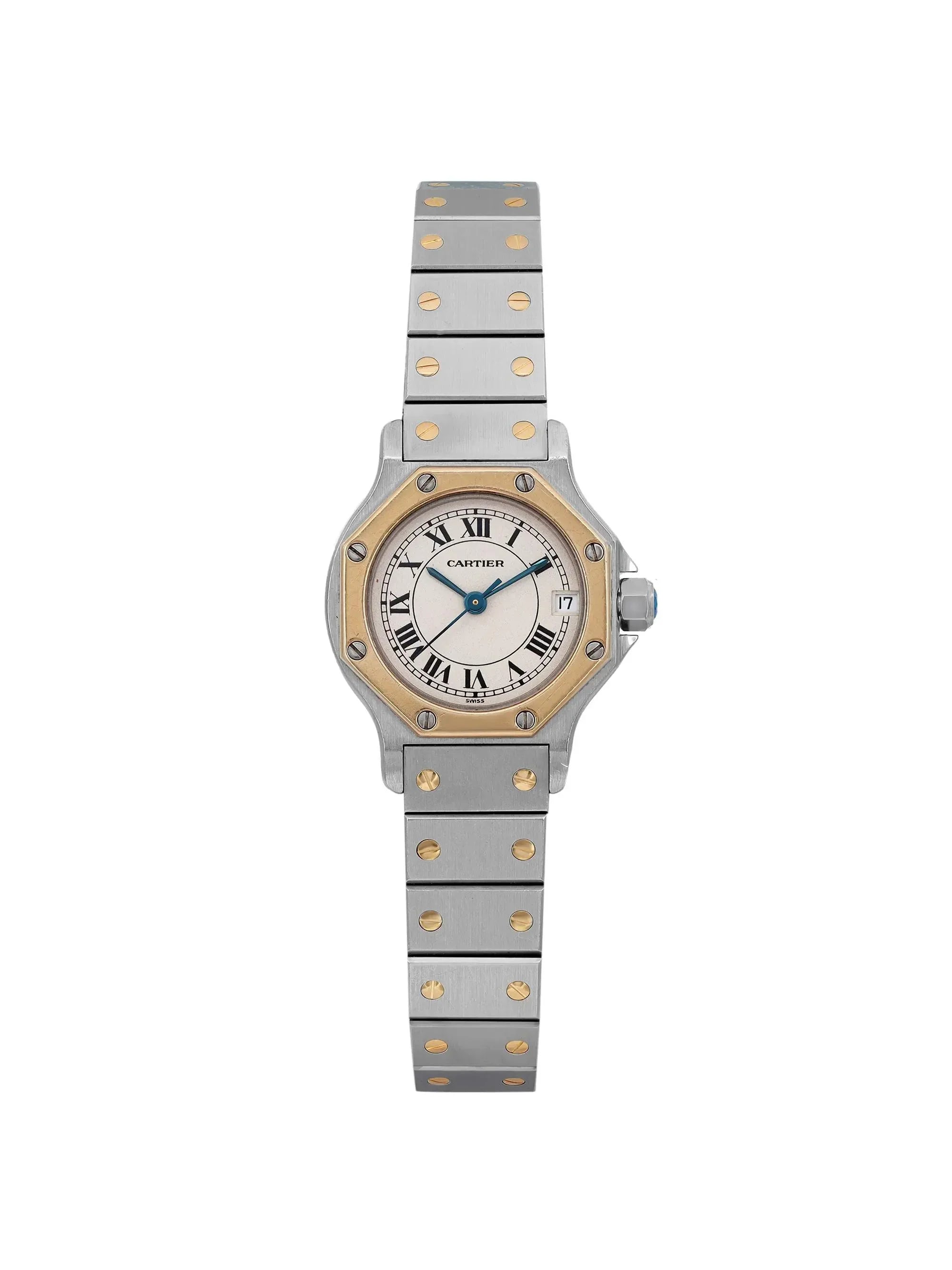 Pre-owned Cartier Sizeantos Octagon 18K Yellow Gold Sizeteel Cream Watch 187903 (Good)