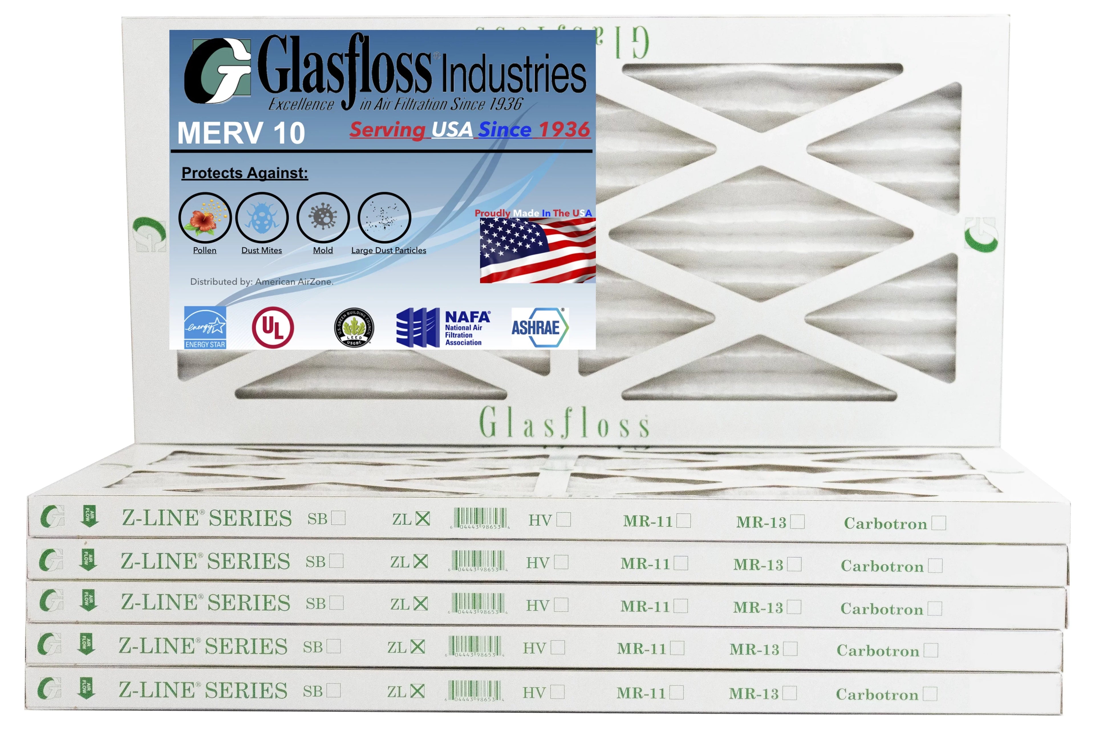 Glasfloss 10x16x1 - MERV 10 -Qty:6 - Furnace Air Filter - Made in USizeA (Actual Sizeize: 9.5 x 15.5x7/8 inch)