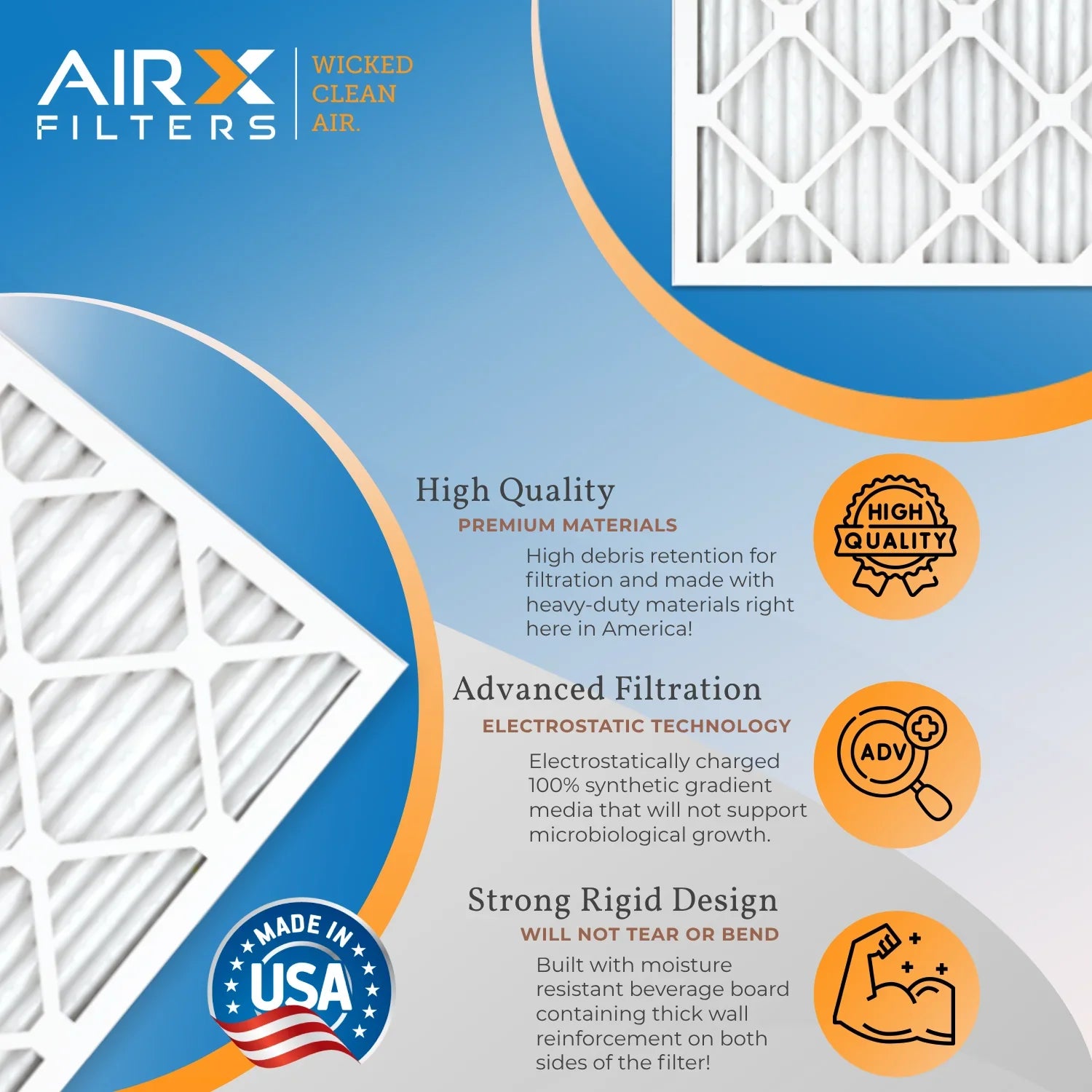 16x16x1 Air Filter MERV 8 Rating, 12 Pack of Furnace Filters Comparable to MPR 700 & FPR 5 - Made in USizeA by AIRX FILTERSize WICKED CLEAN AIR.