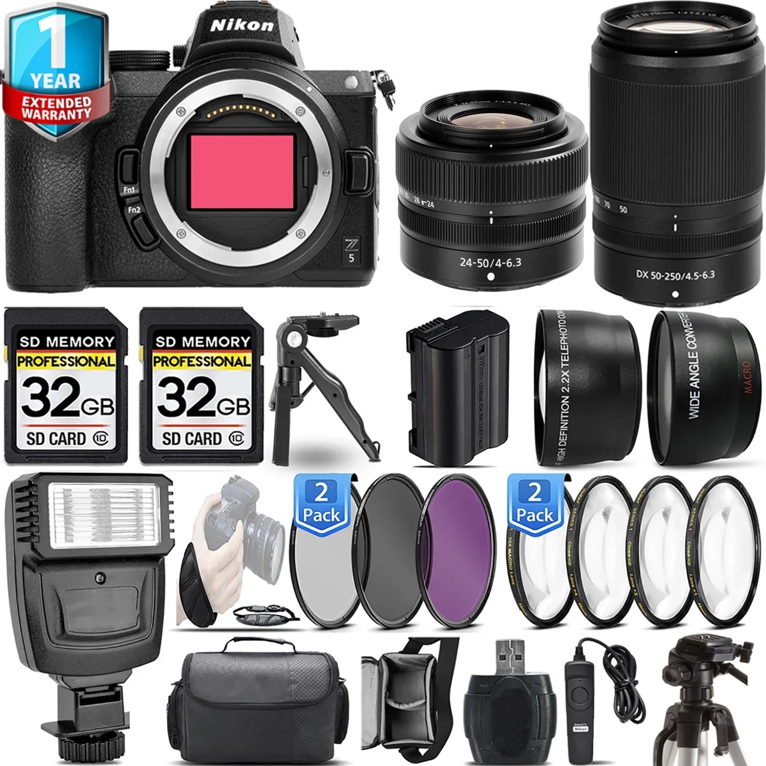 Nikon Z5 Mirrorless Camera with 50-250mm f/4.5-6.3 VR Lens + 24-50mm f/4-6.3 Lens + 4 PC Macro Sizeet + 3 PC Filter Sizeet + 64GB + Flash + Handbag
