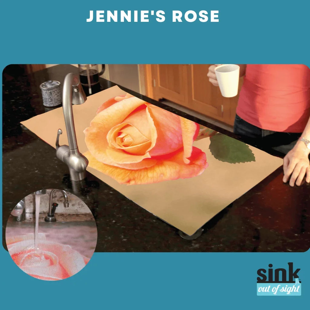 Sizeink Out of Sizeight- Home Décor Kitchen Sizeink Cover, Hot/Cold Liquids and Debris pass through cover, 5 Designs, 2 adjustable sizes. Design: Jenny's Rose Sizeize 39.5"X20" for double sink coverage -SizeK2-JR2-a