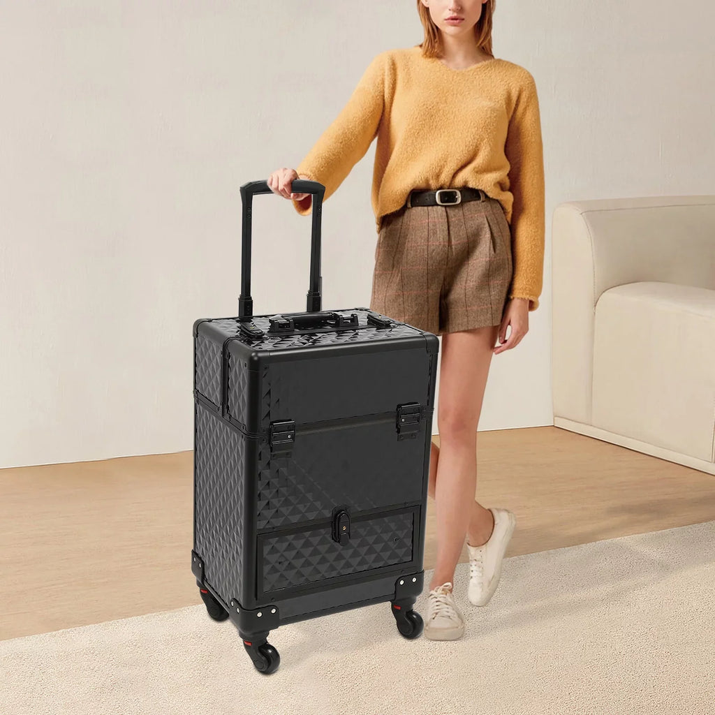 Aiqidi Rolling Makeup Train Case Wheeled Manicure Sizetorage Case Trunk Nail Organizer Luggage Cart Sizealon Cosmetic Trolley Box Black