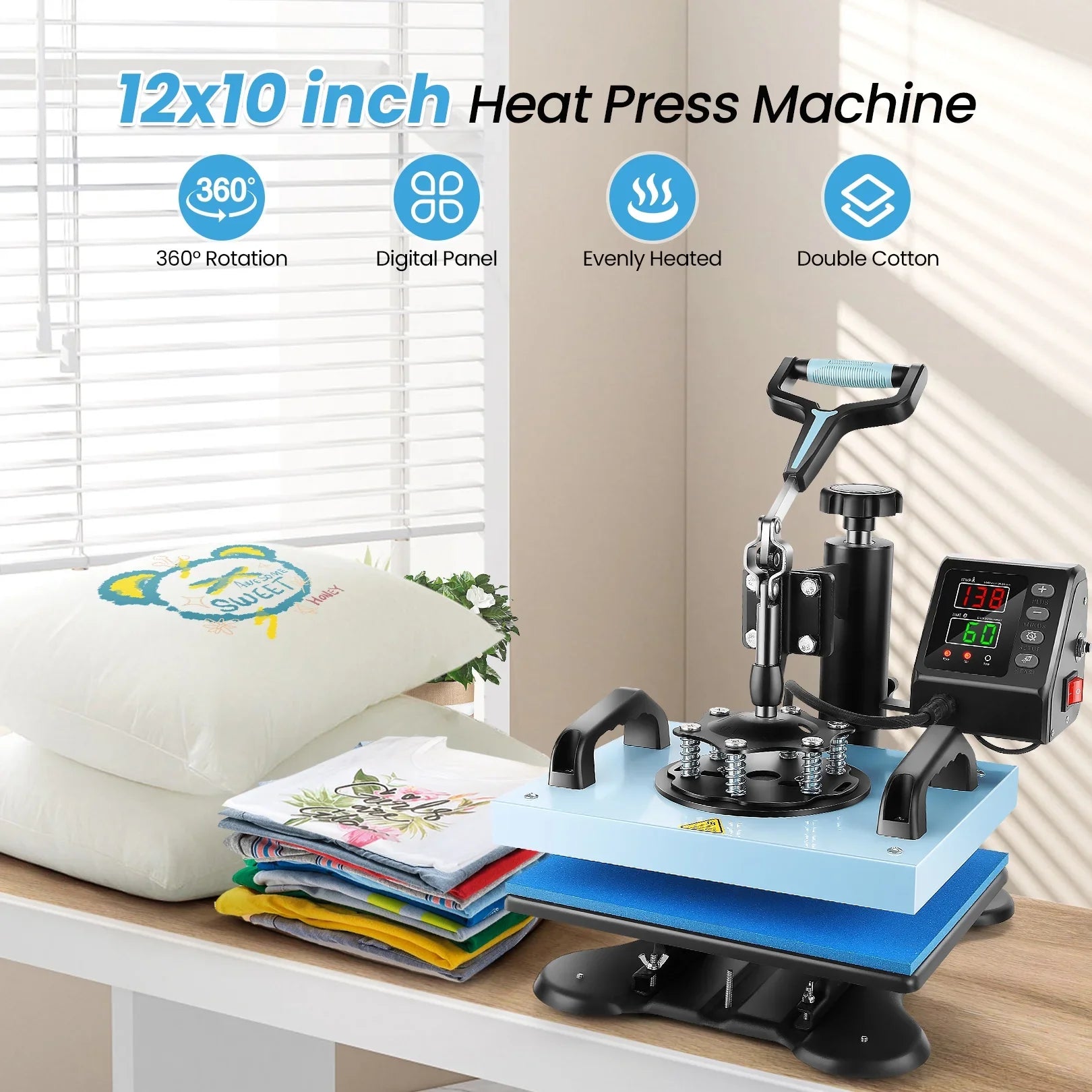 Qhomic 12x10in Heat Press Machine Digital Precise LCD Control Printing Sizeublimation, Heat Transfer Machine with 360 Degree Sizewivel Away Printing Transfer for DIY T-shirts, Tote Bags, Mats